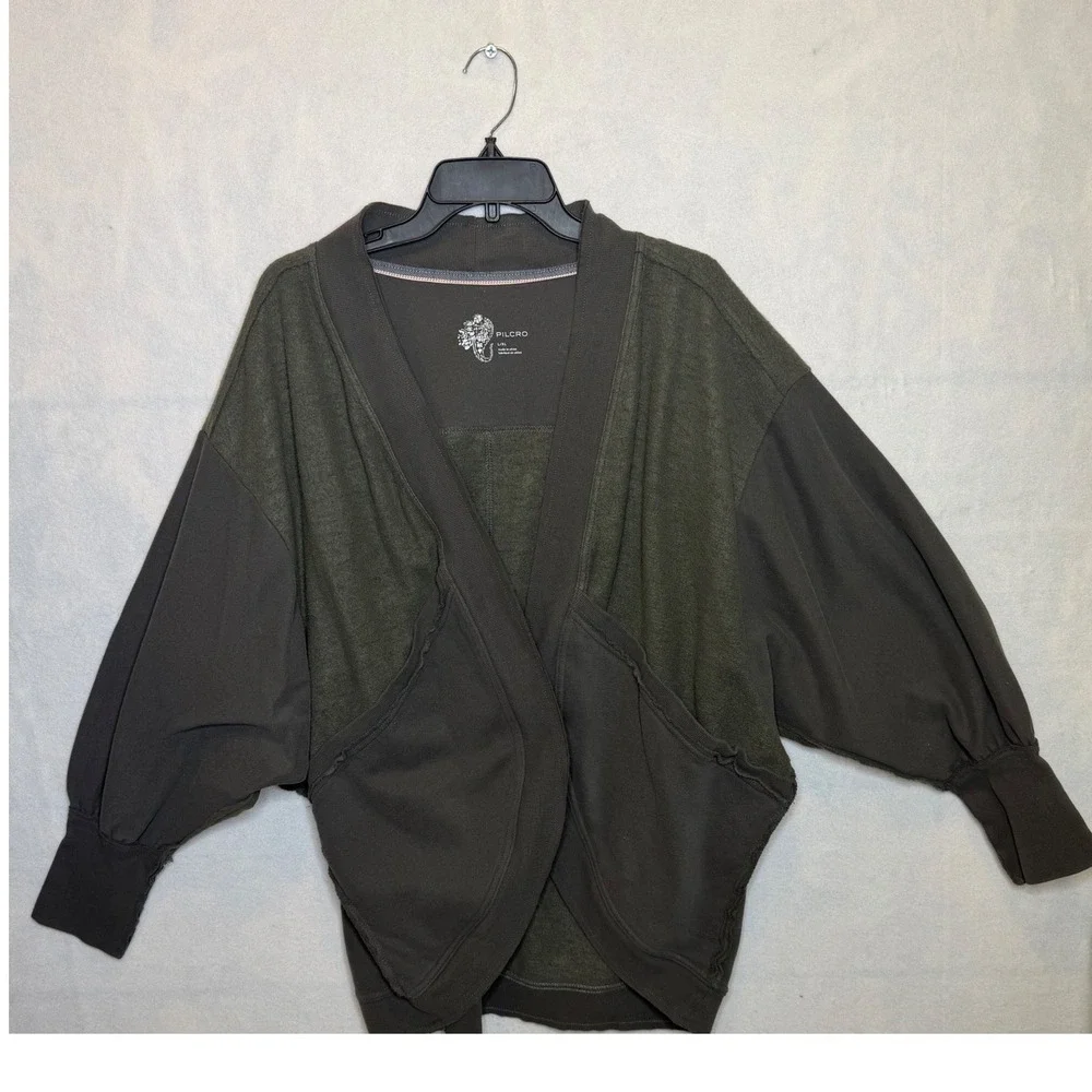 PILCRO Open Front Kimono Style Cardigan Olive Green L XL Balloon Sleeve Pockets - Picture 1 of 5